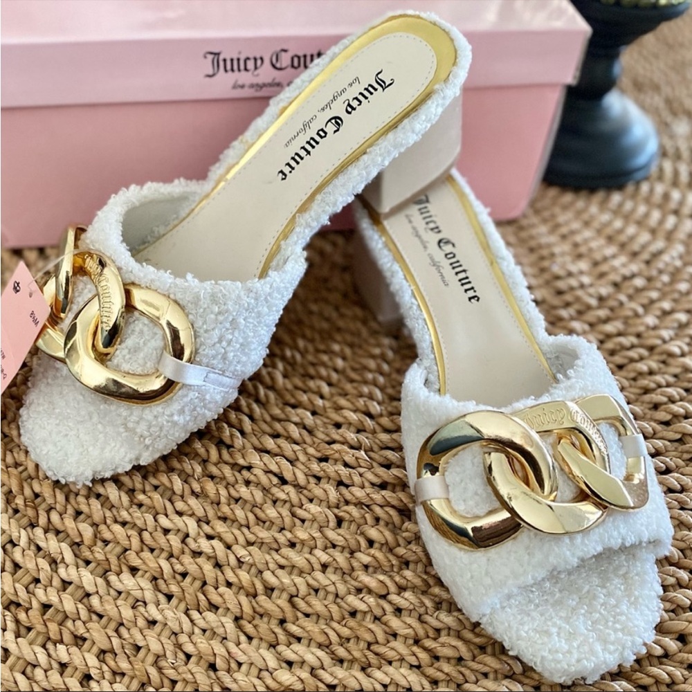 NWT Juicy Couture Fuzzy Faux Lamb Slip On Mules With Chunky Heel